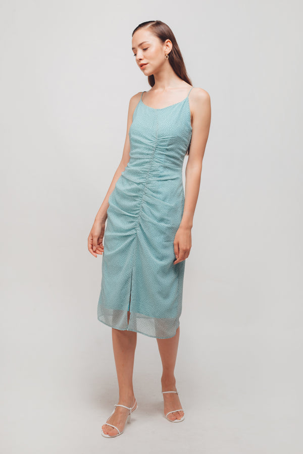 Ruched Midi Dress With Front Slit In Mint Polka Dot