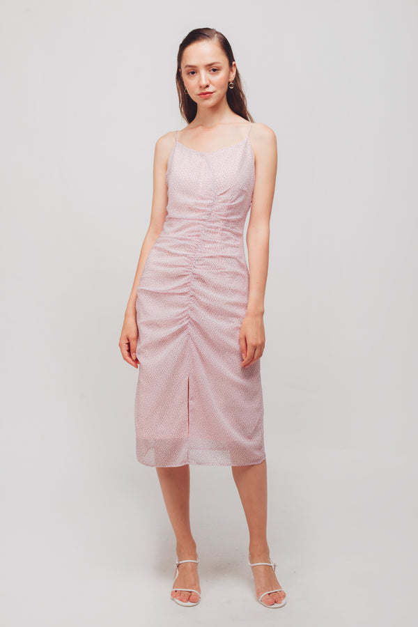 Ruched Midi Dress With Front Slit In Pink Polka Dot