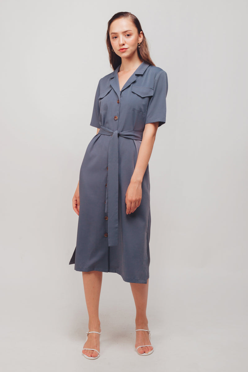 Button Down Midi Dress With Sash In Steel Blue