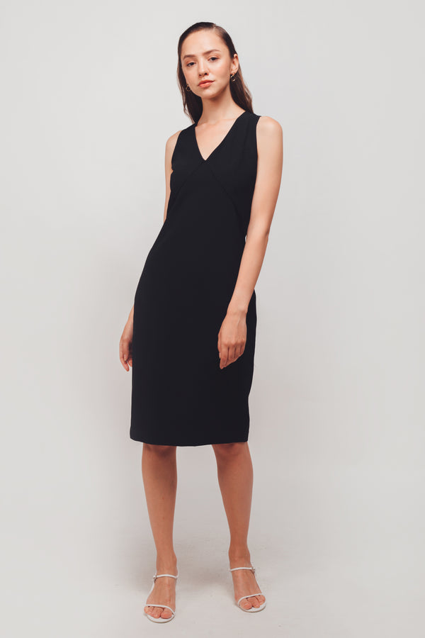 Inverted V Stitchline Sleeveless Midi Dress In Black