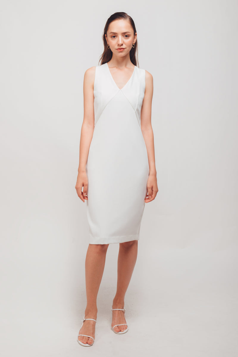 Inverted V Stitchline Sleeveless Midi Dress In White