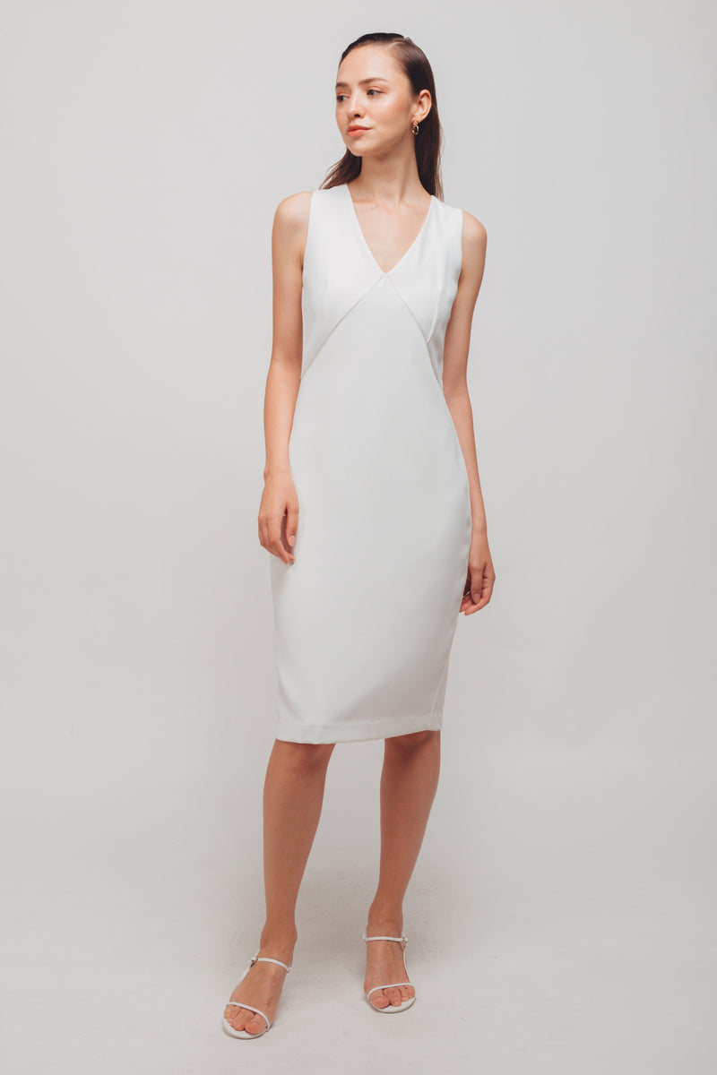 Inverted V Stitchline Sleeveless Midi Dress In White