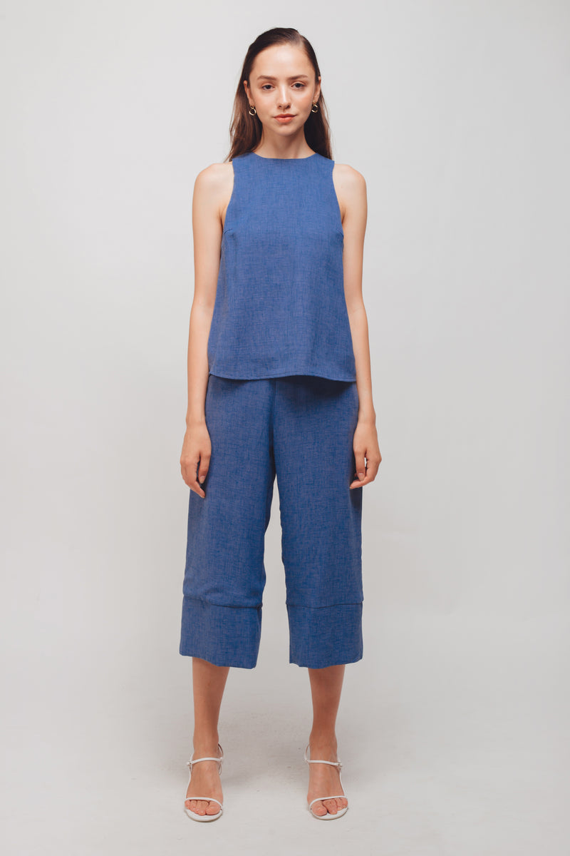 Textured Culottes With Hem Detailing In Periwinkle Blue