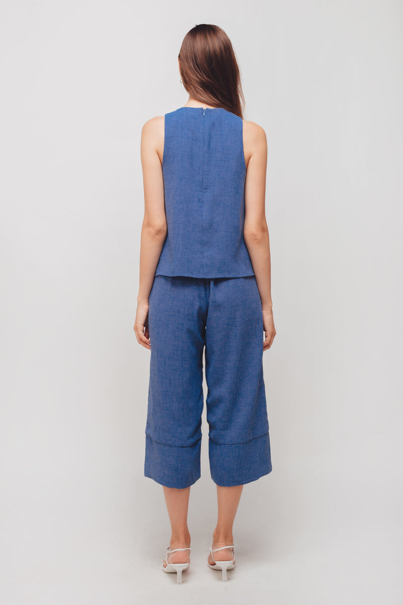 Textured Culottes With Hem Detailing In Periwinkle Blue