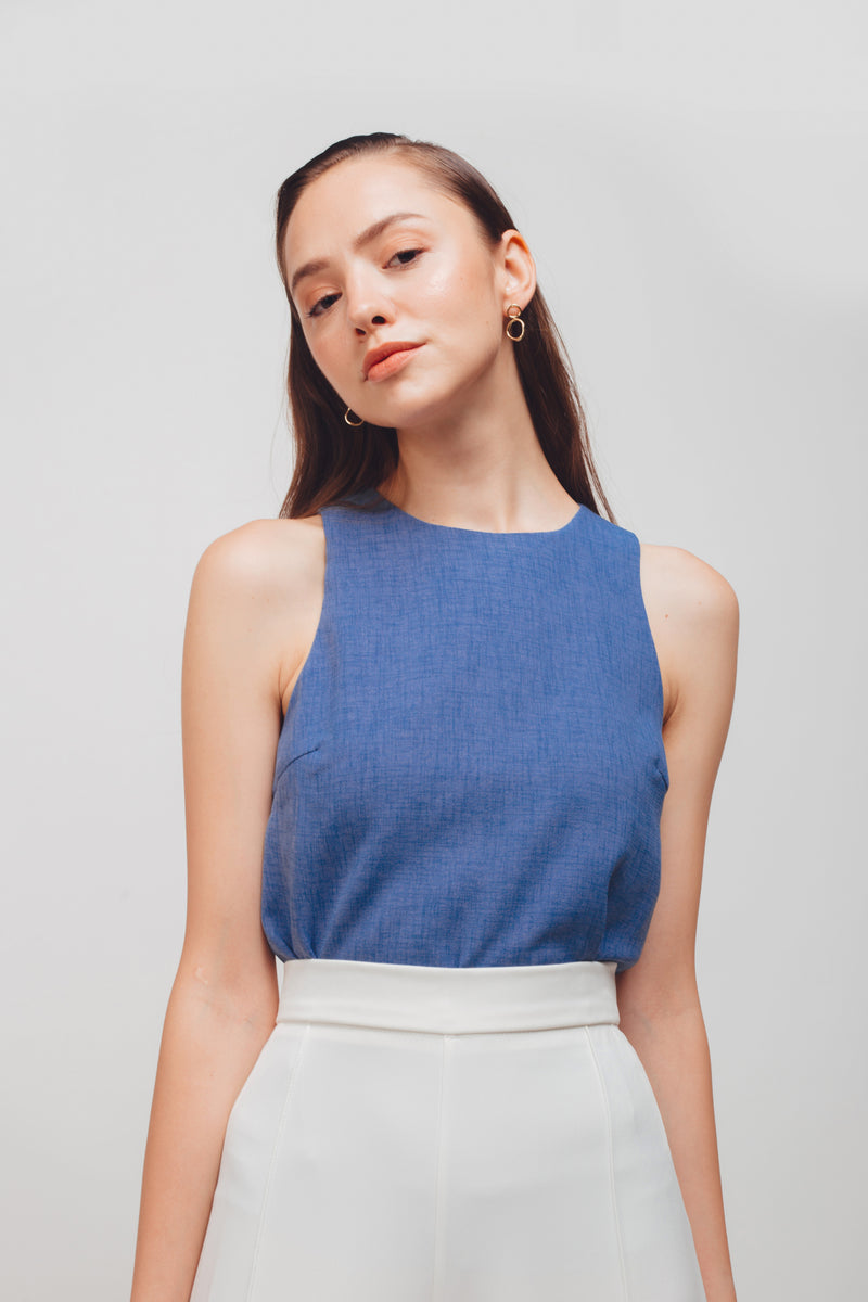 Textured Tank Top With Curved Hem In Periwinkle Blue