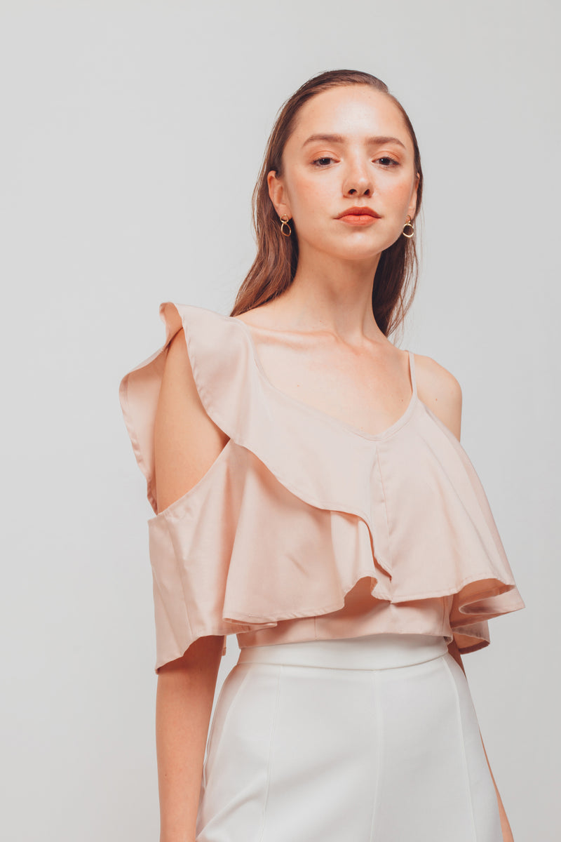 Asymmetrical Off-shoulder Flutter Sleeves Top In Blush Pink