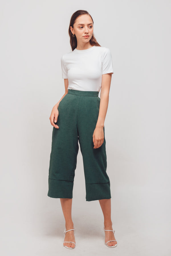 Textured Culottes With Hem Detailing In Sage Green