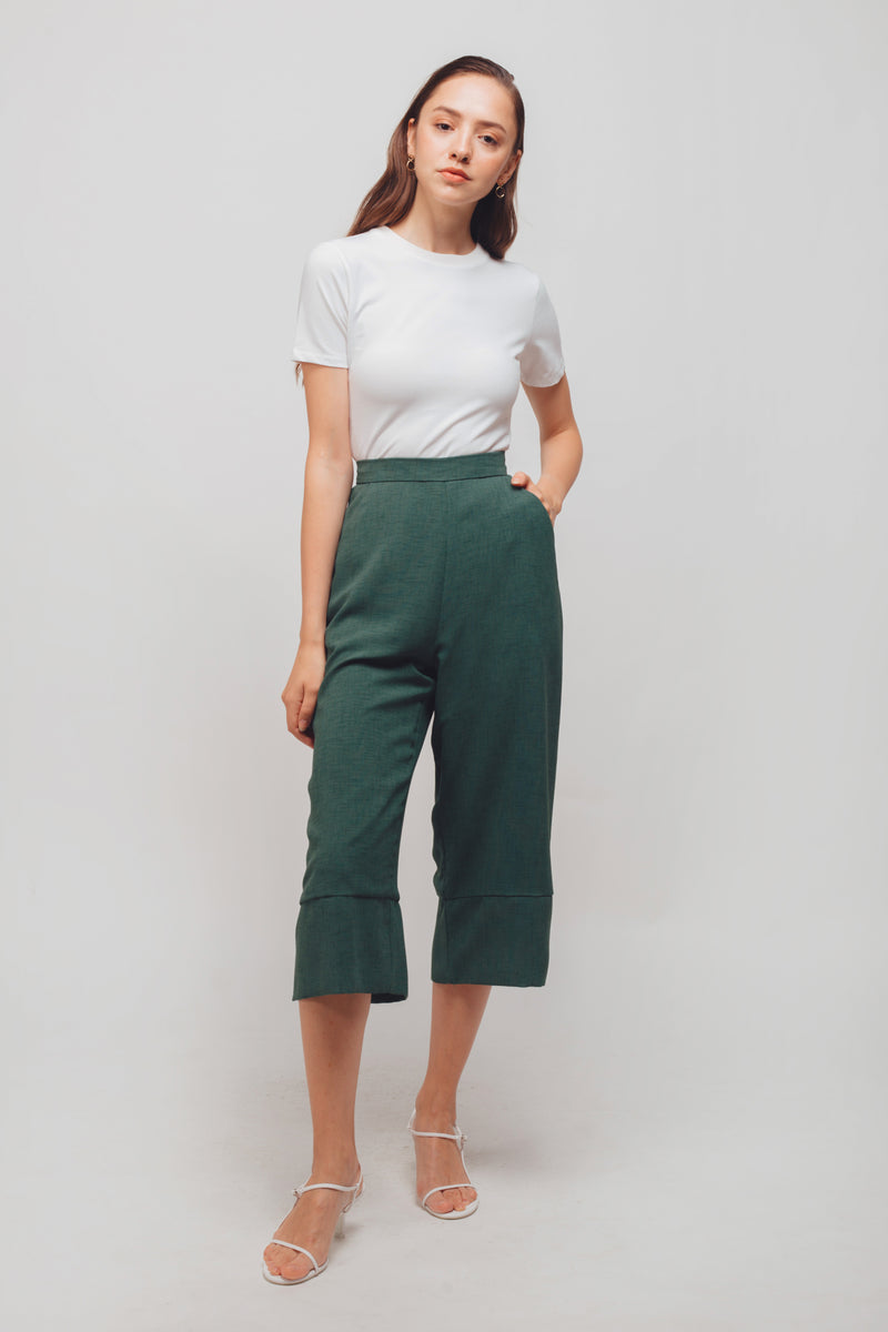 Textured Culottes With Hem Detailing In Sage Green