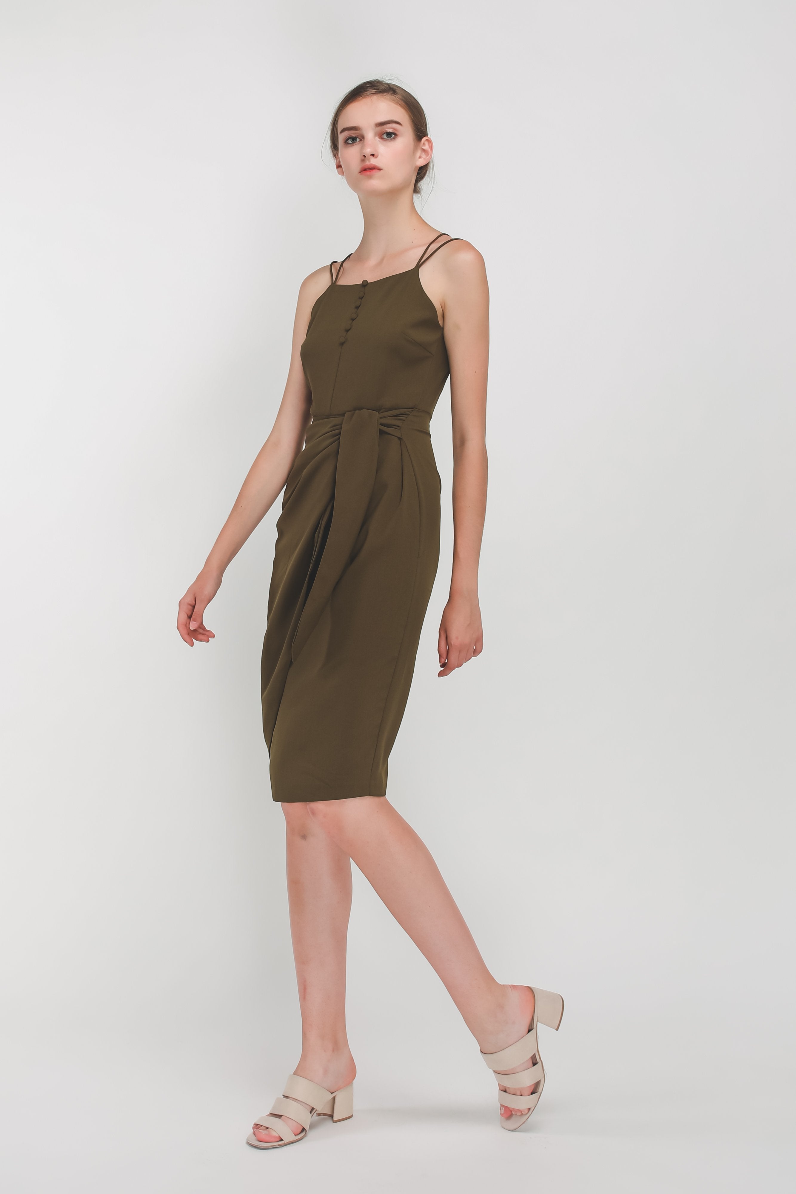 Button Down Wrap Dress In Olive