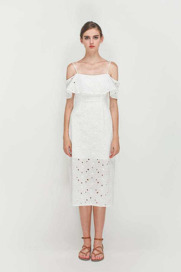 Crotchet Off Shoulder Midi Dress In White