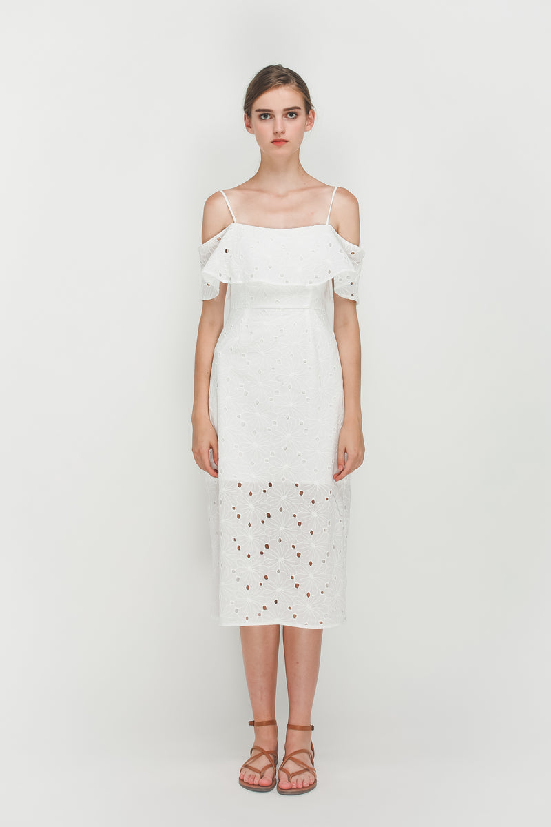 Crotchet Off Shoulder Midi Dress In White