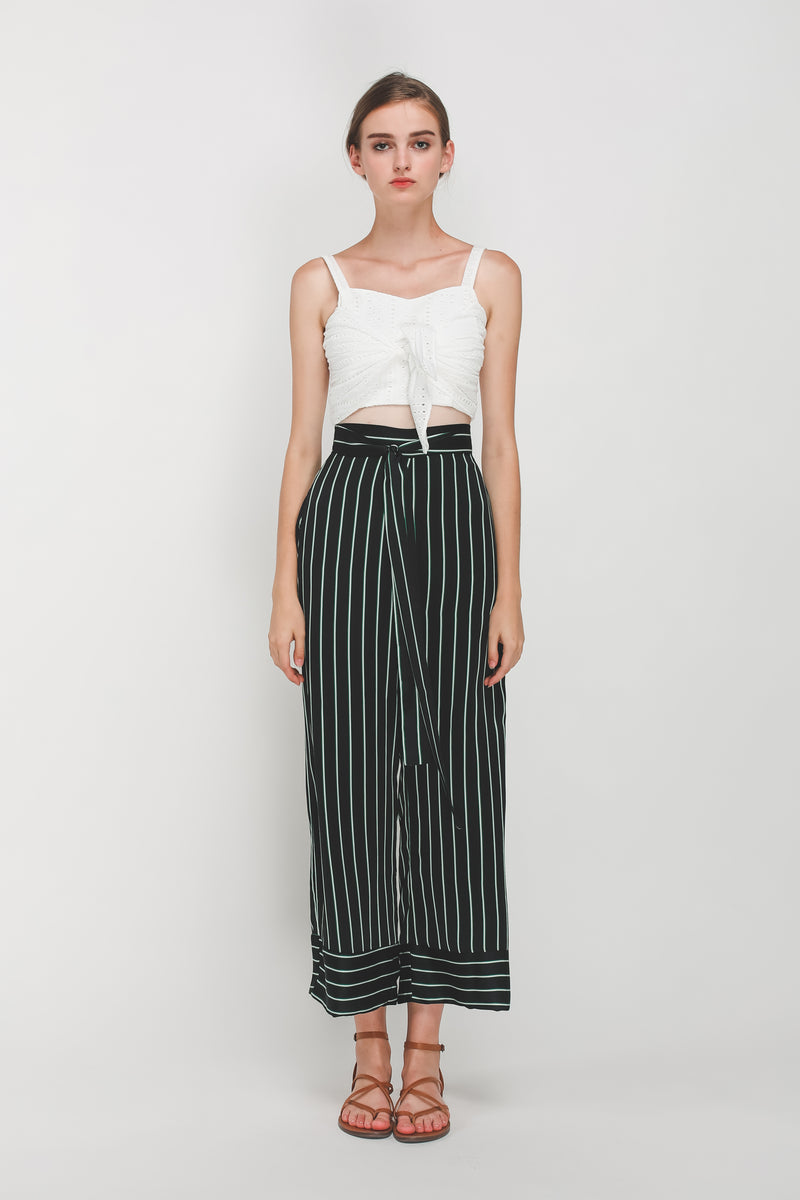 Knotted Wide Legged Pants In Black/Green Stripes