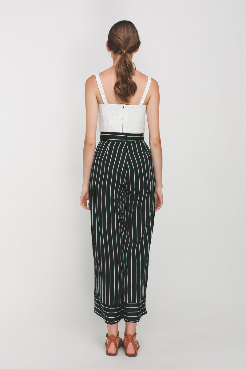 Knotted Wide Legged Pants In Black/Green Stripes