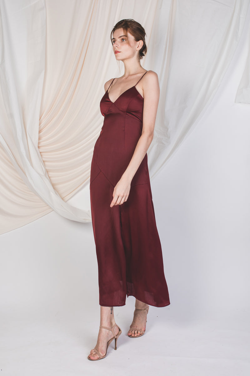Slit V-Neck Textured Maxi in Wine