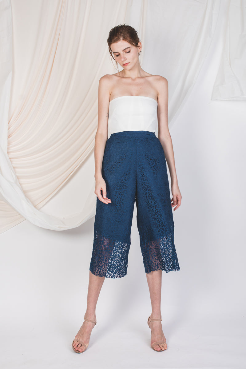 Laced Sheer Panel Culottes in Blue