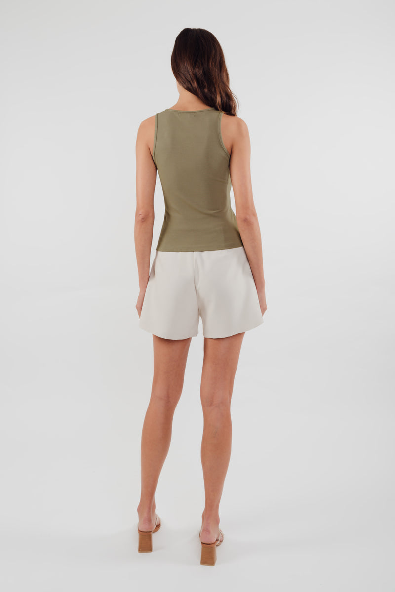 Round High Neck Knit Tank in Olive