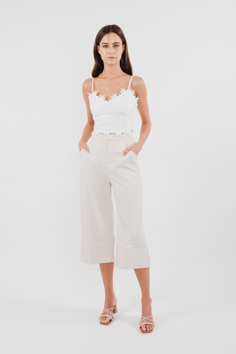 Classic High Waisted Culottes with Hem Detailing in Cream