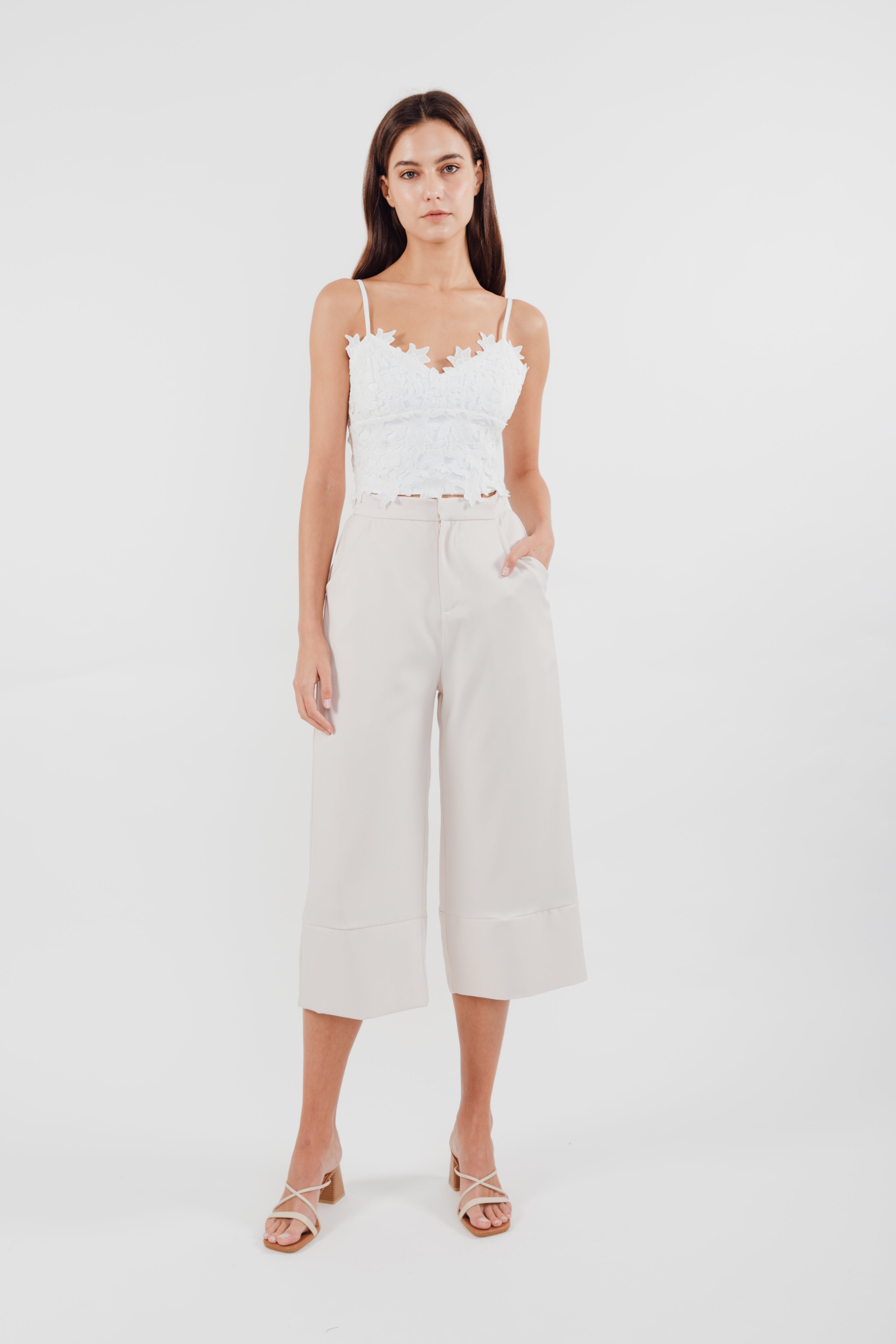Classic High Waisted Culottes with Hem Detailing in Cream