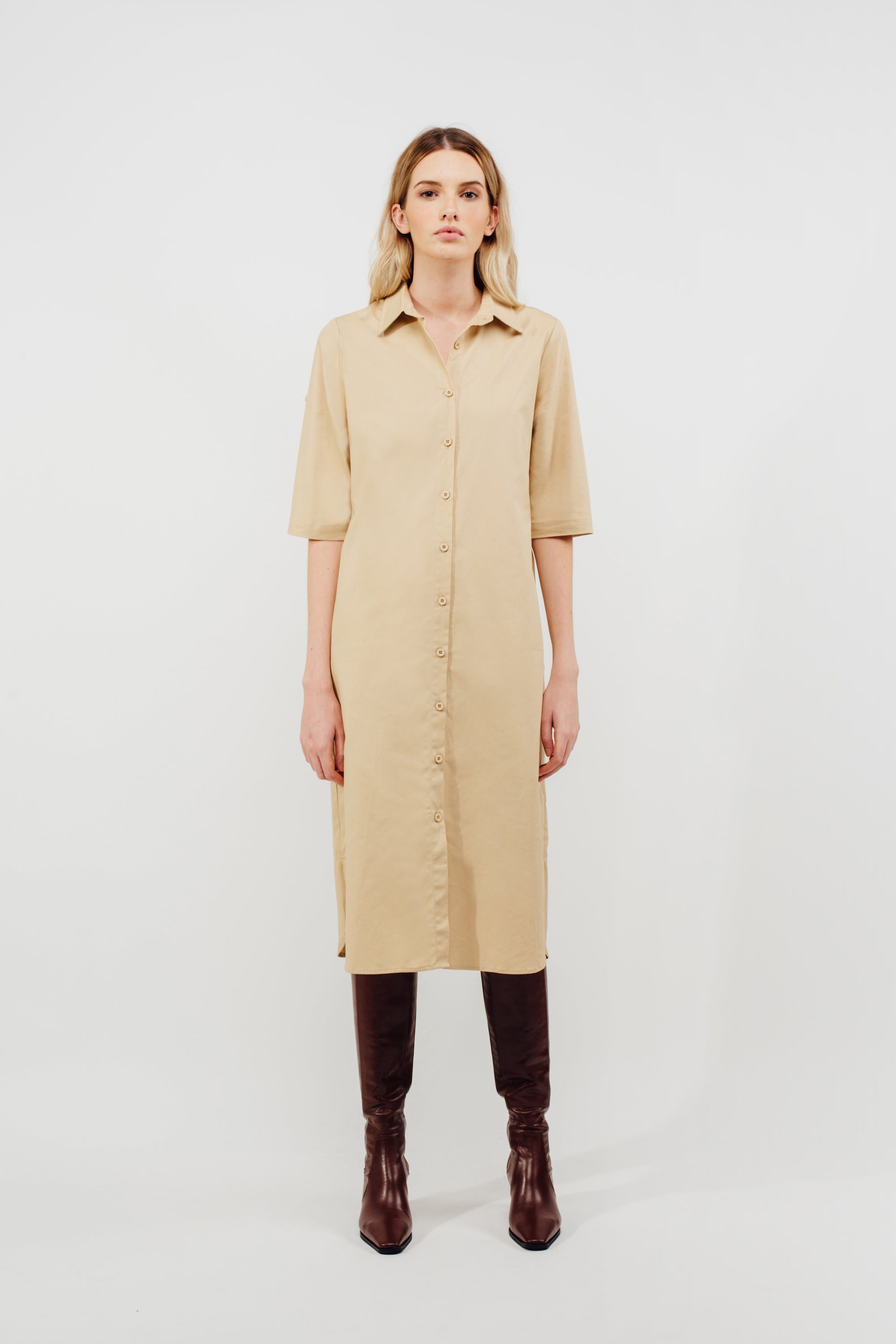 Oversized Buttoned Down Midi Dress With Sash In Sand