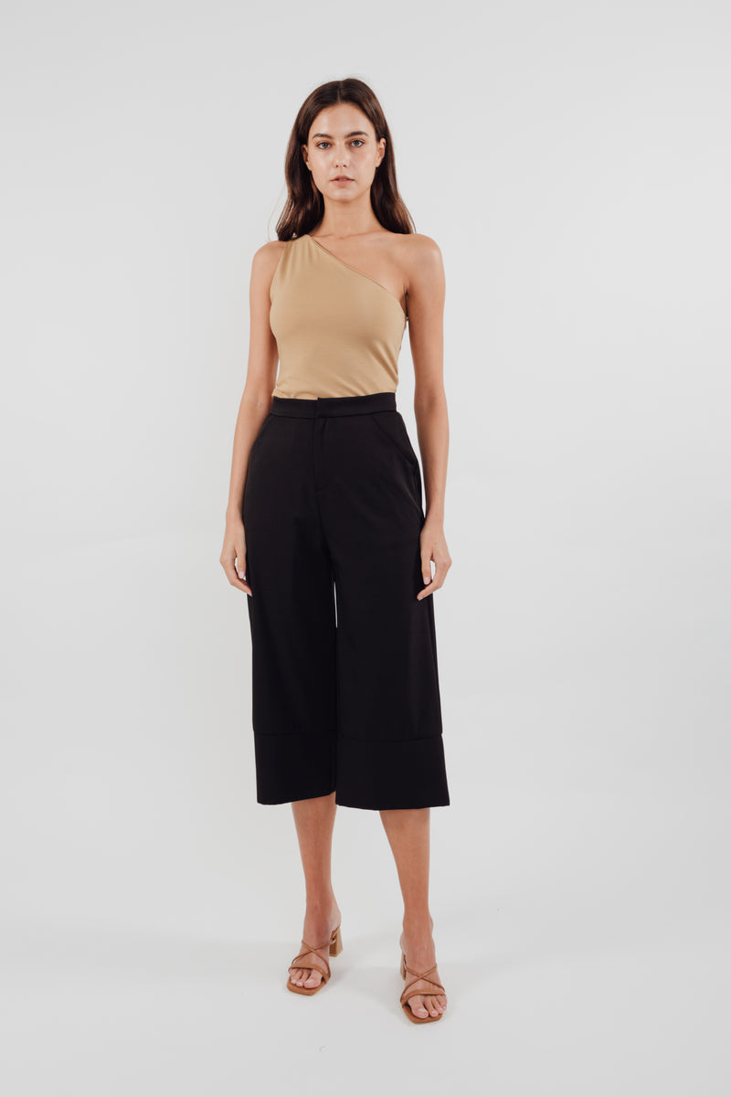 Classic High Waisted Culottes with Hem Detailing in Black