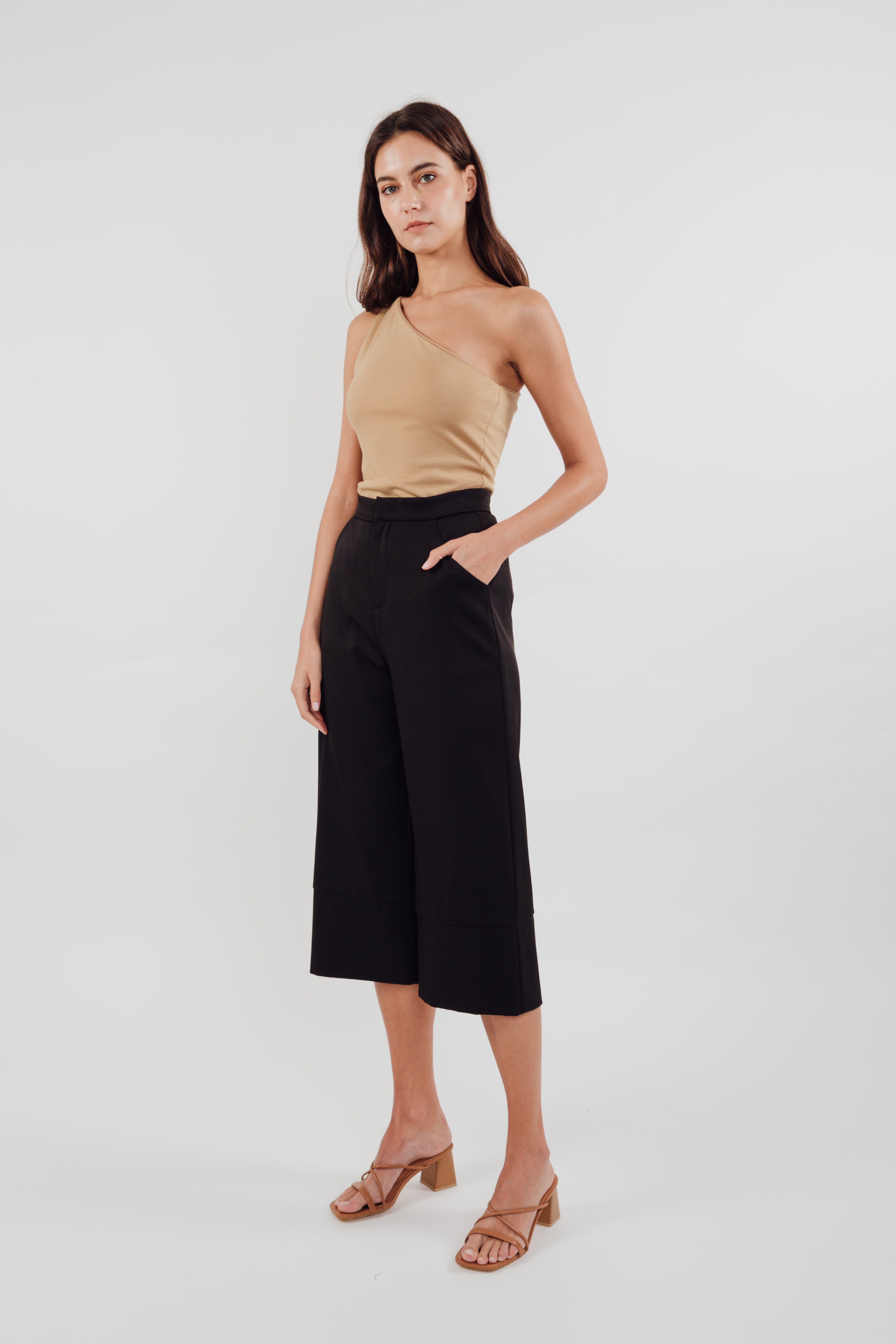 Classic High Waisted Culottes with Hem Detailing in Black