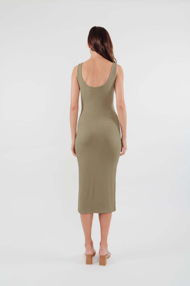 Round Neck Knit Dress in Olive