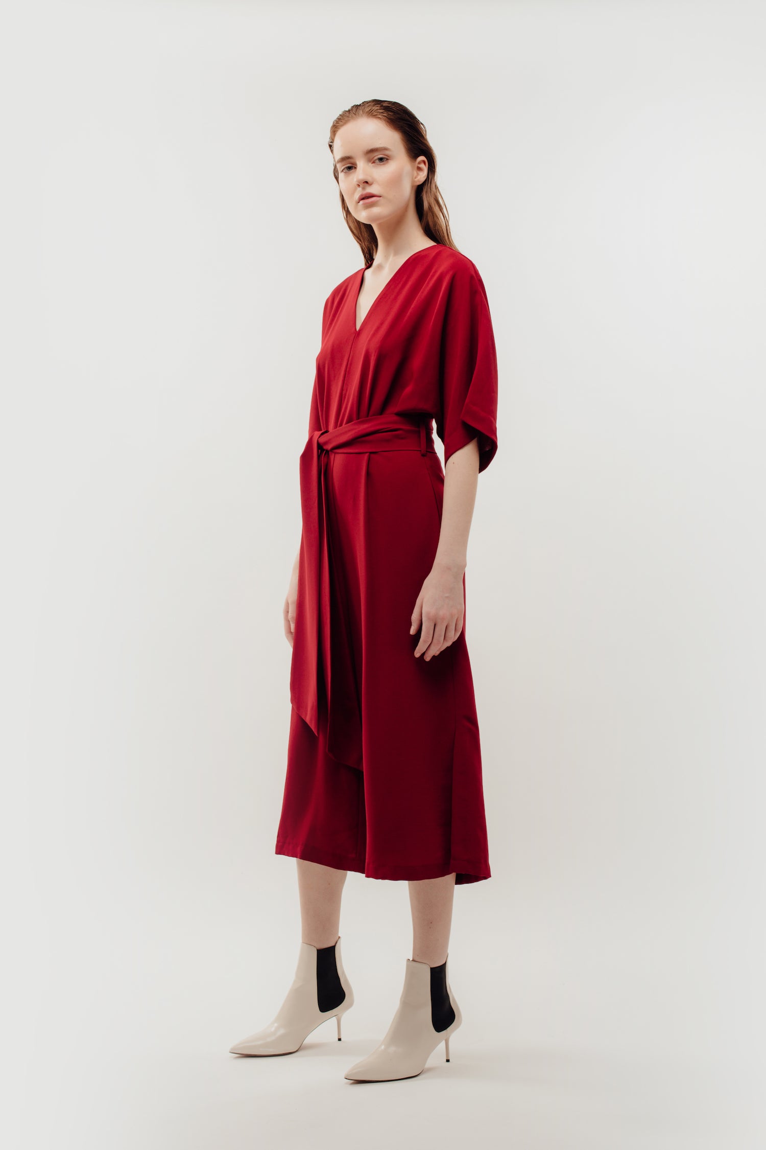 Side Slit Kimono Jumpsuit In Red