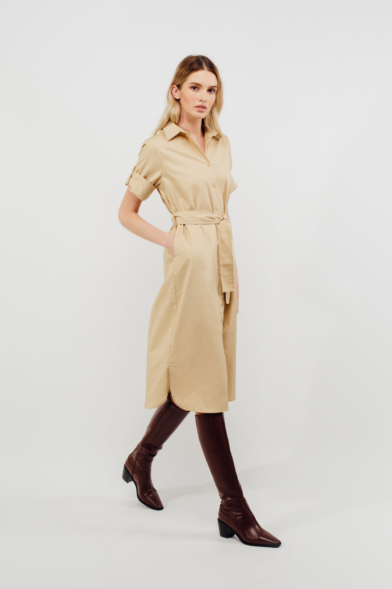 Oversized Buttoned Down Midi Dress With Sash In Sand