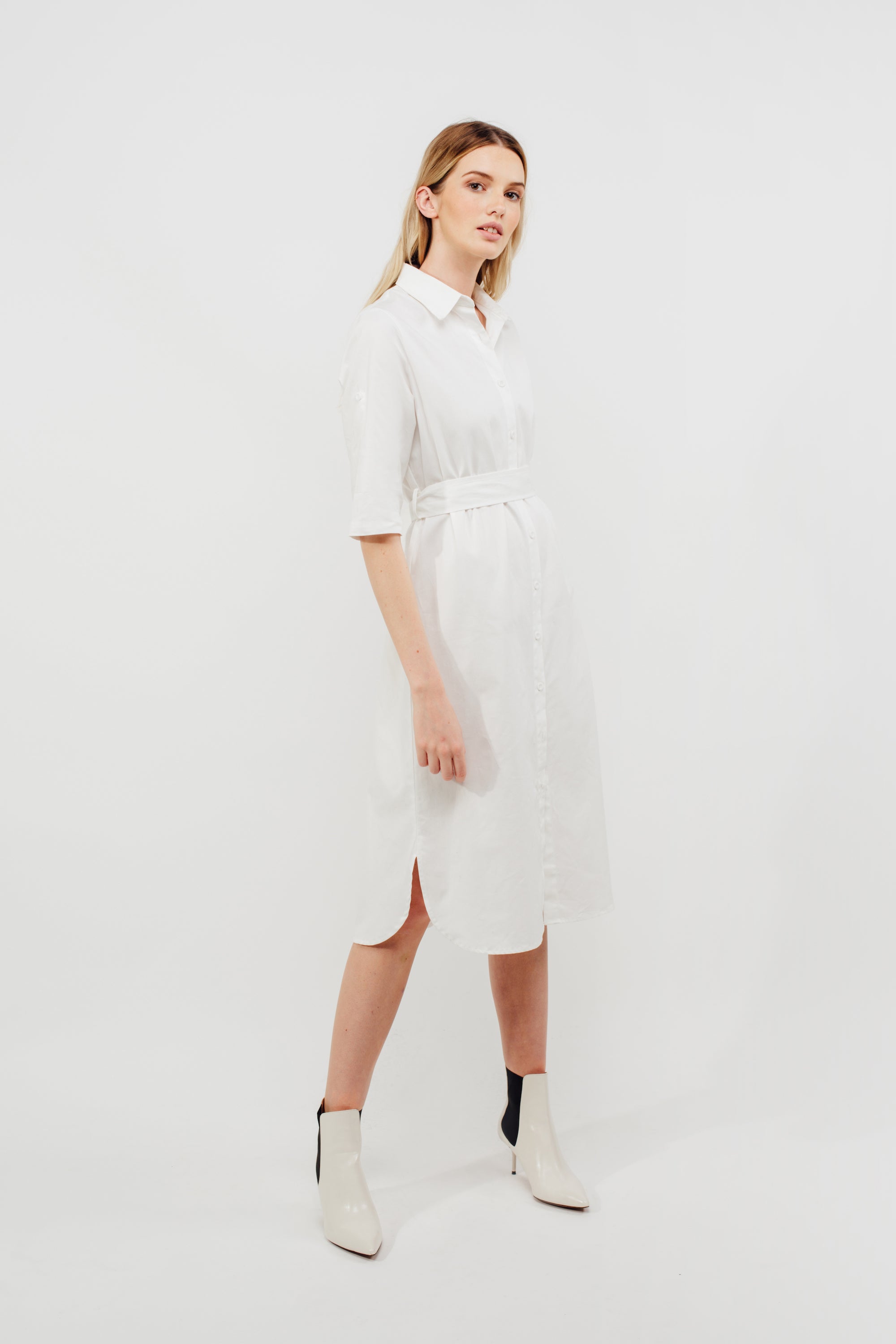 Oversized Buttoned Down Midi Dress With Sash In White