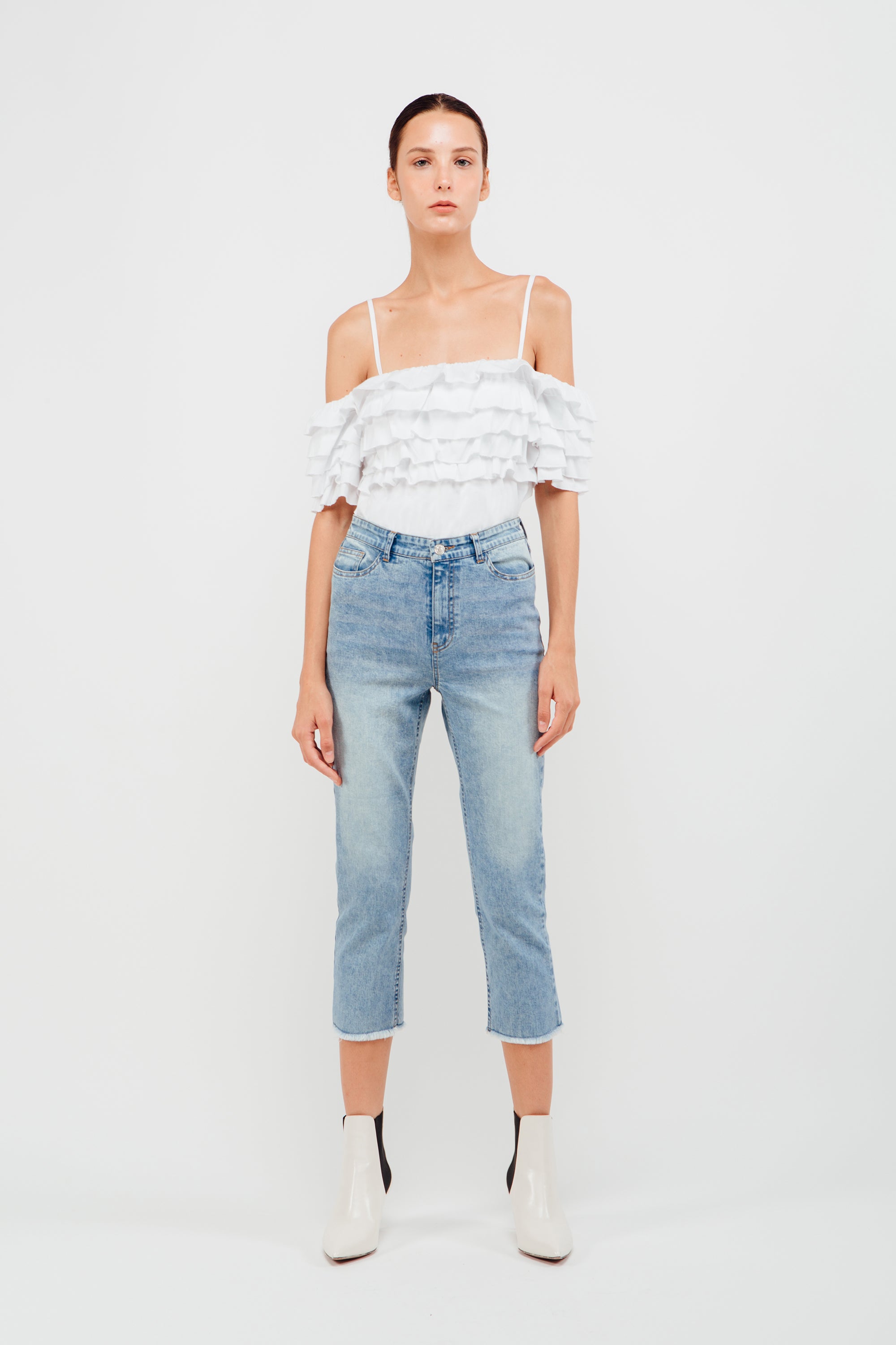 Layered Ruffled Off Shoulder Top In White