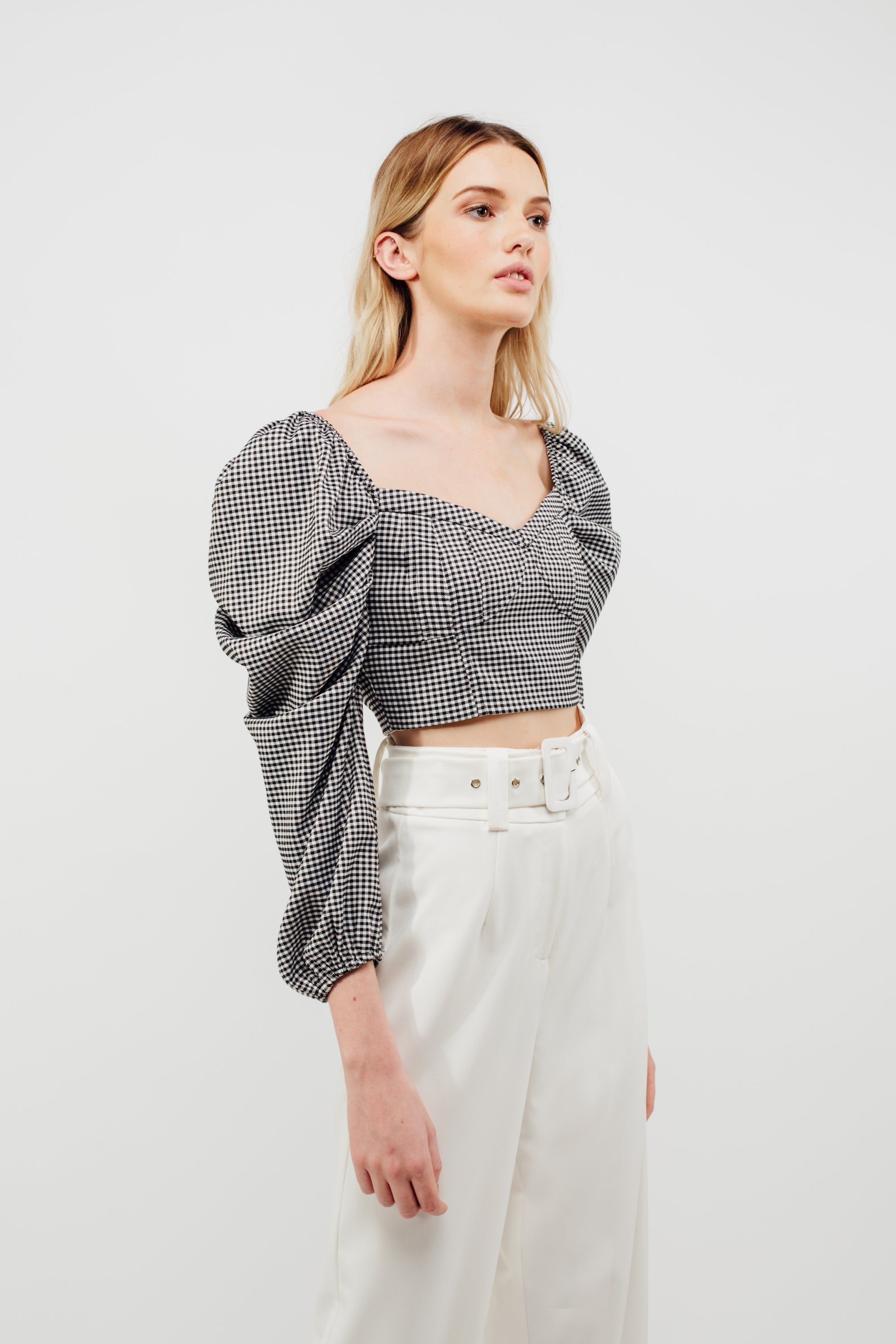 Scrunched Up Puffed Long Sleeved Top In Gingham