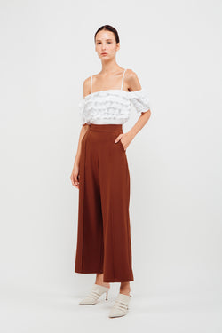 High Waisted Wide Legged Trousers With Foldlines In Mahogany