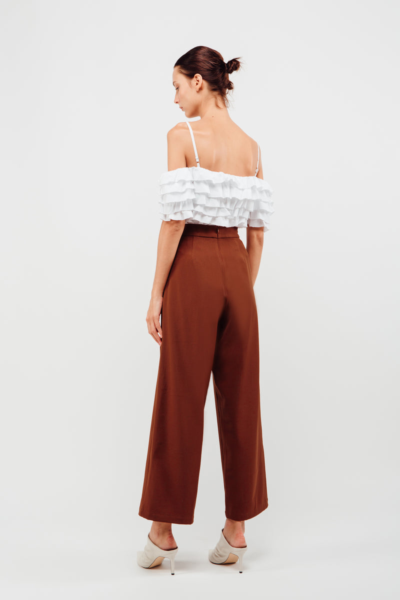 High Waisted Wide Legged Trousers With Foldlines In Mahogany