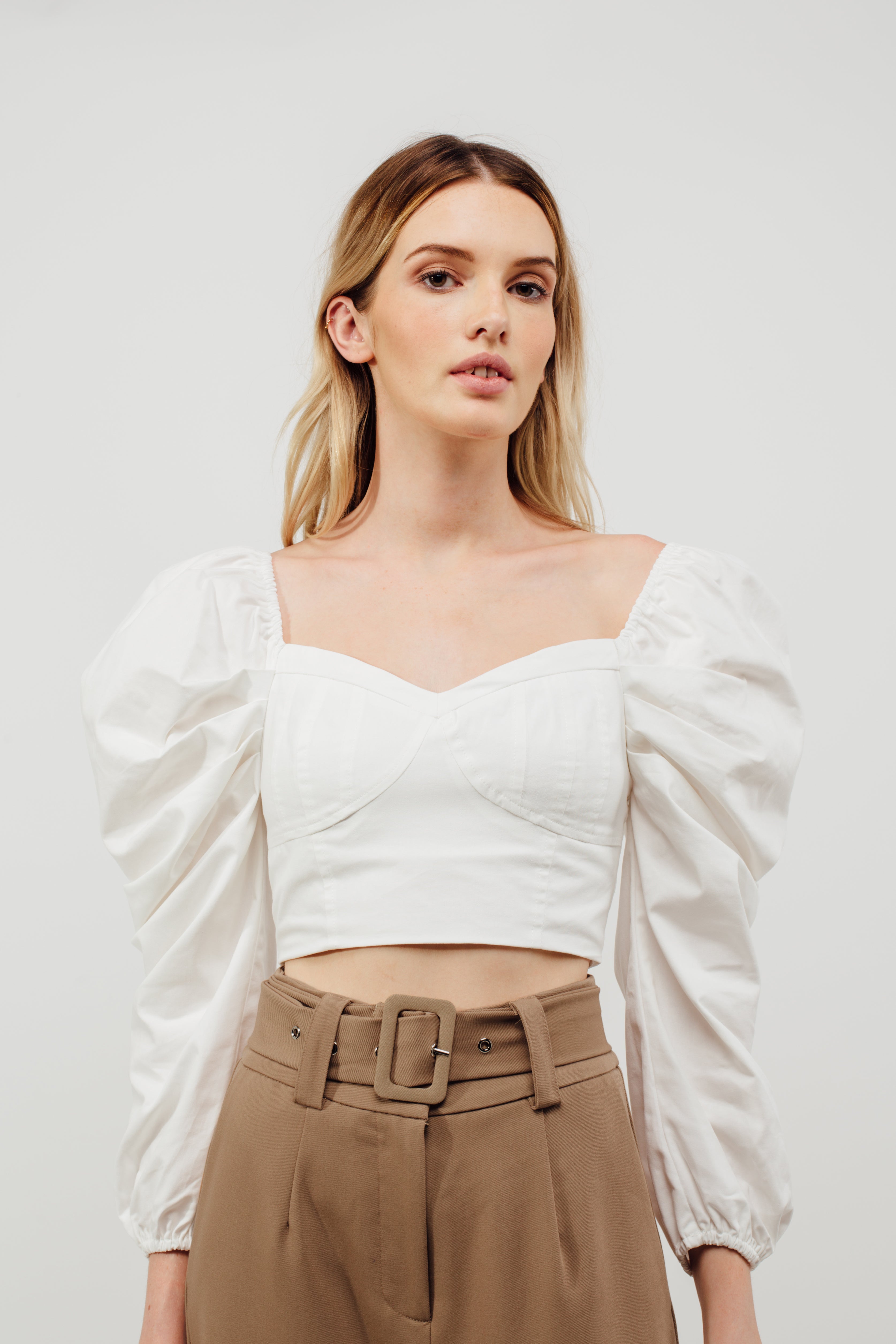 Scrunched Up Puffed Long Sleeved Top In White