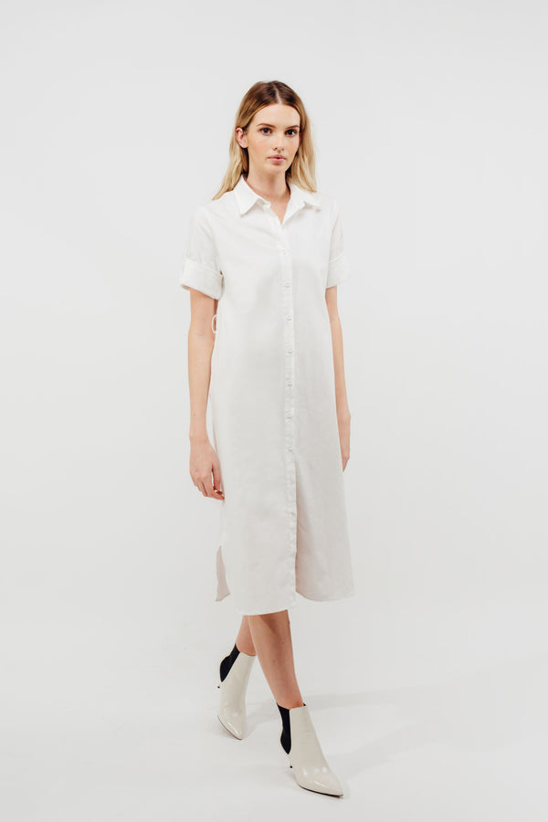 Oversized Buttoned Down Midi Dress With Sash In White