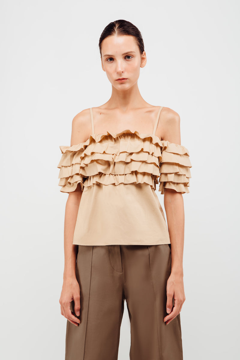 Layered Ruffled Off Shoulder Top In Sand