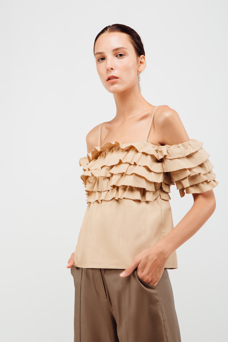 Layered Ruffled Off Shoulder Top In Sand