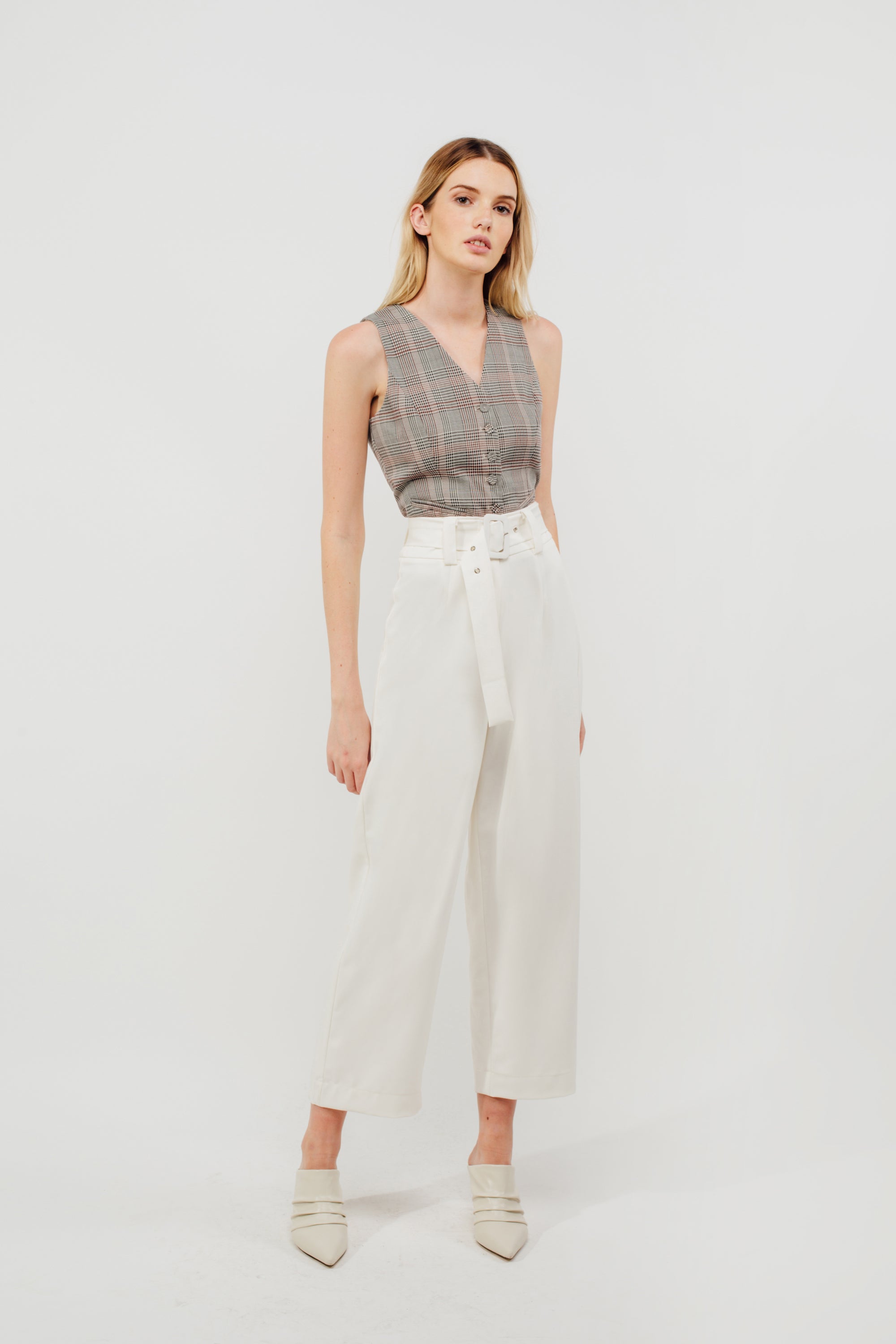 Belted Straight Legged Trousers In White