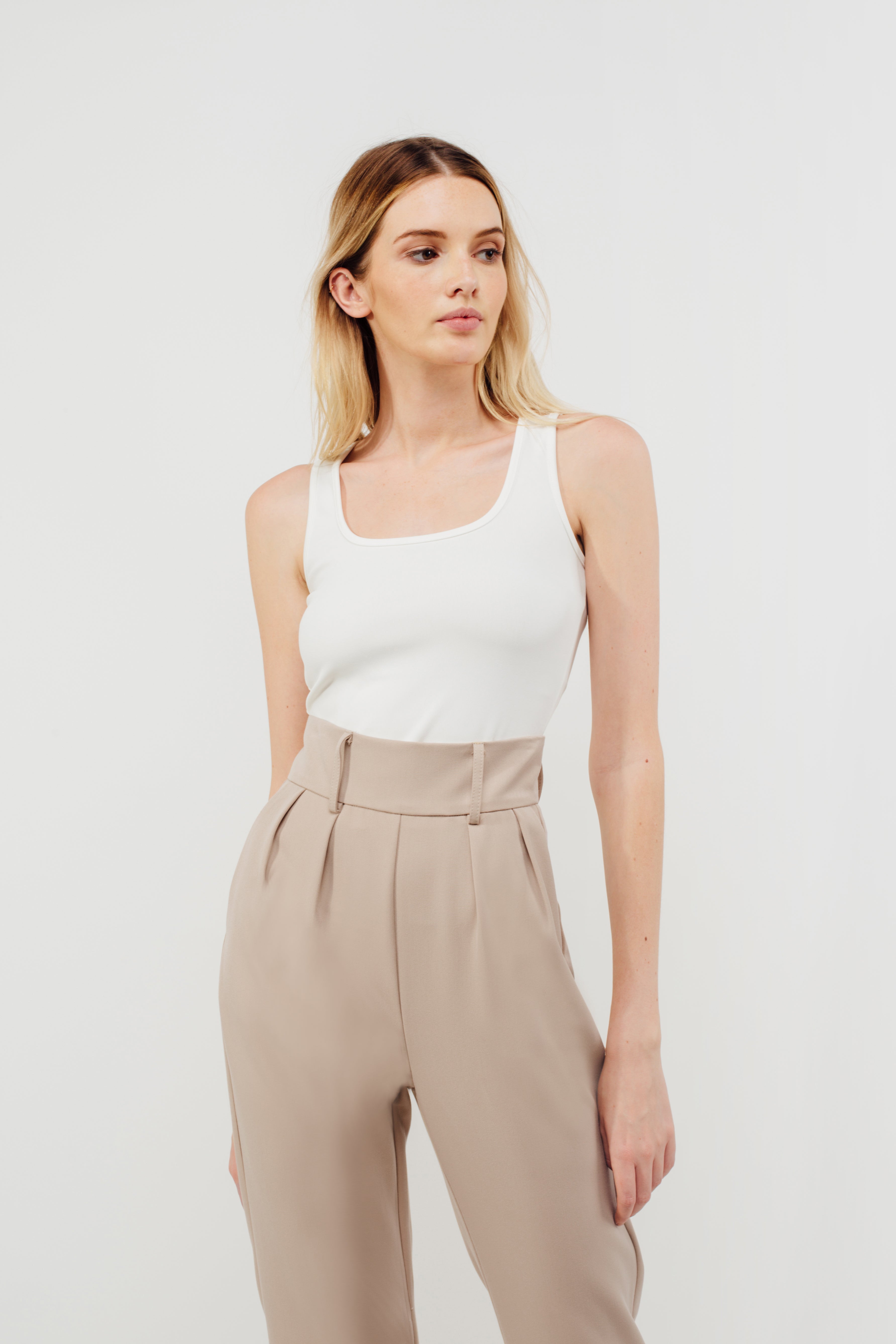 Cuffed High Waisted Trousers In Beige