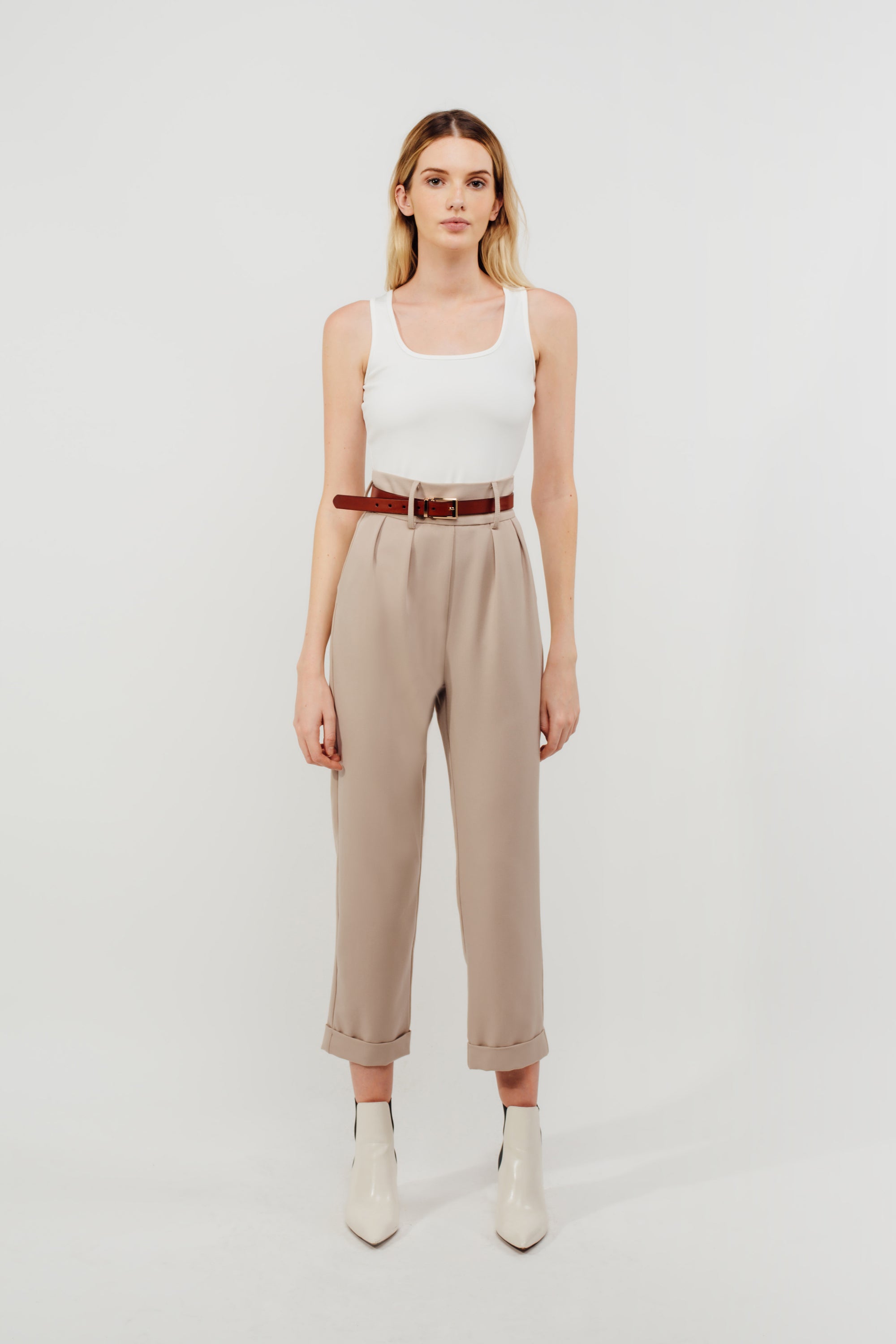Cuffed High Waisted Trousers In Beige