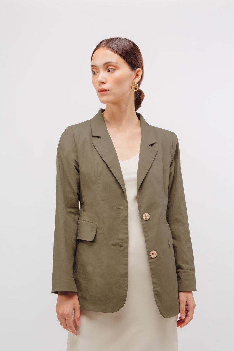 Linen Relaxed Fit Blazer In Muted Sage