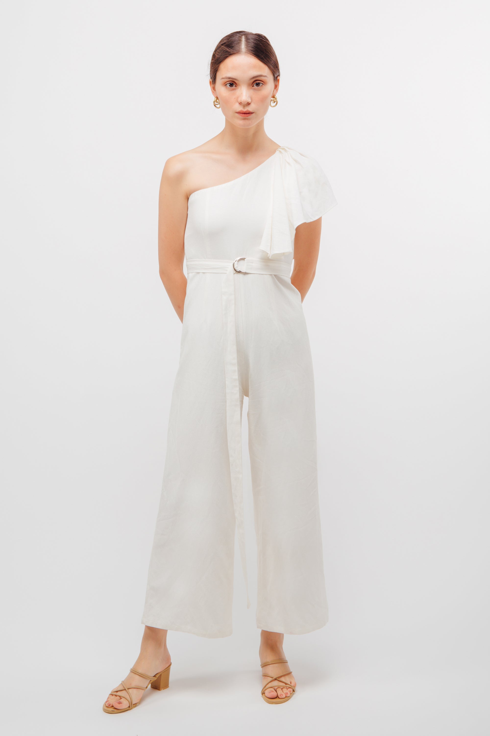 Belted Asymmetrical Toga Jumpsuit In White