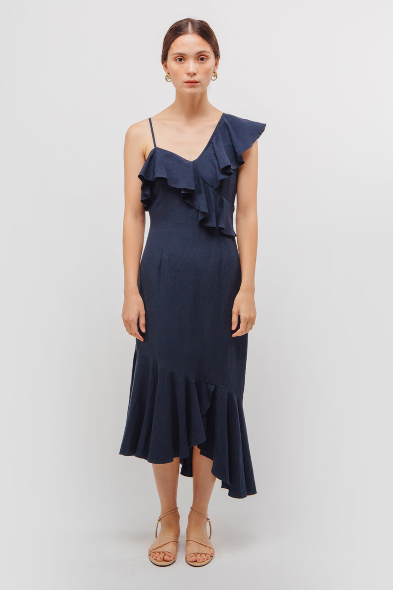 Asymmetrical Ruffle Midi Dress In Midnight Blue