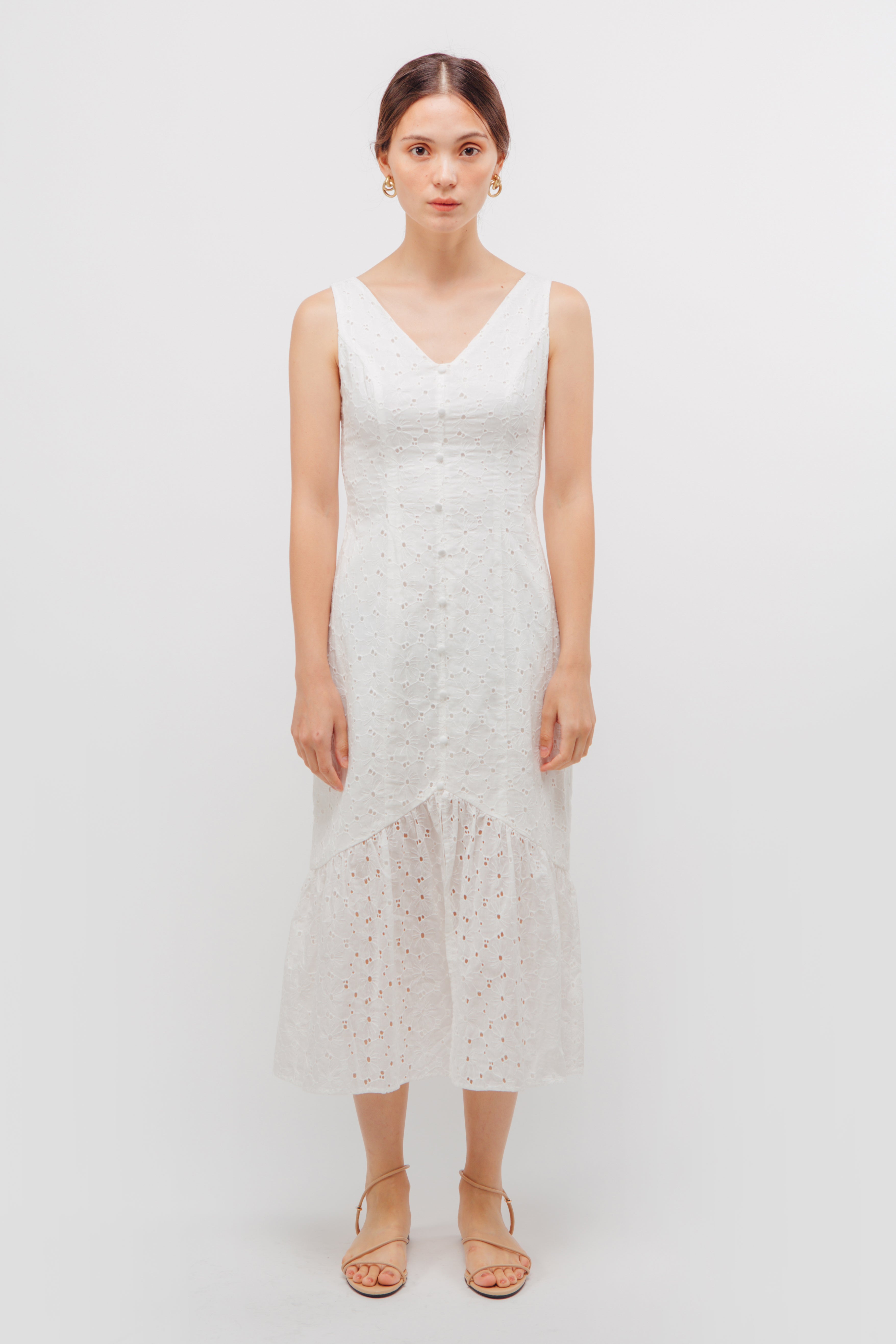 V-neck Crochet Panel Dress In White