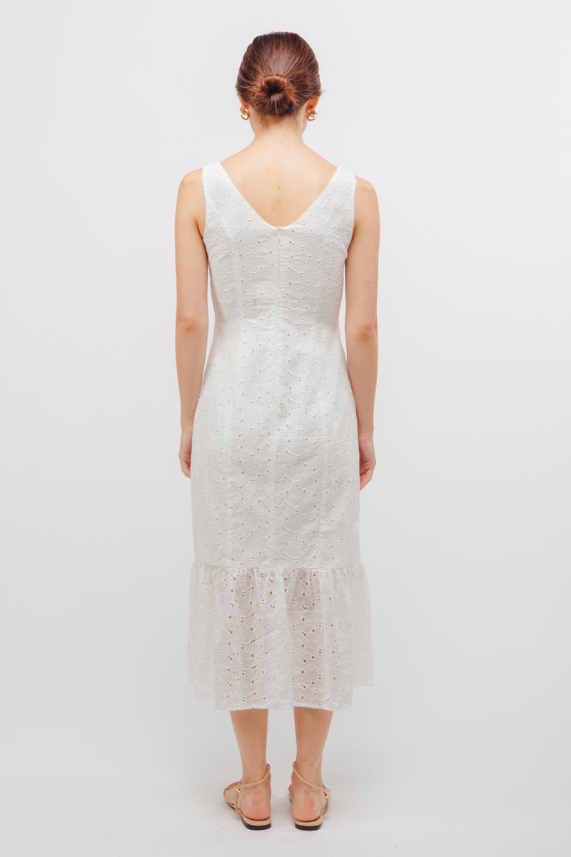 V-neck Crochet Panel Dress In White
