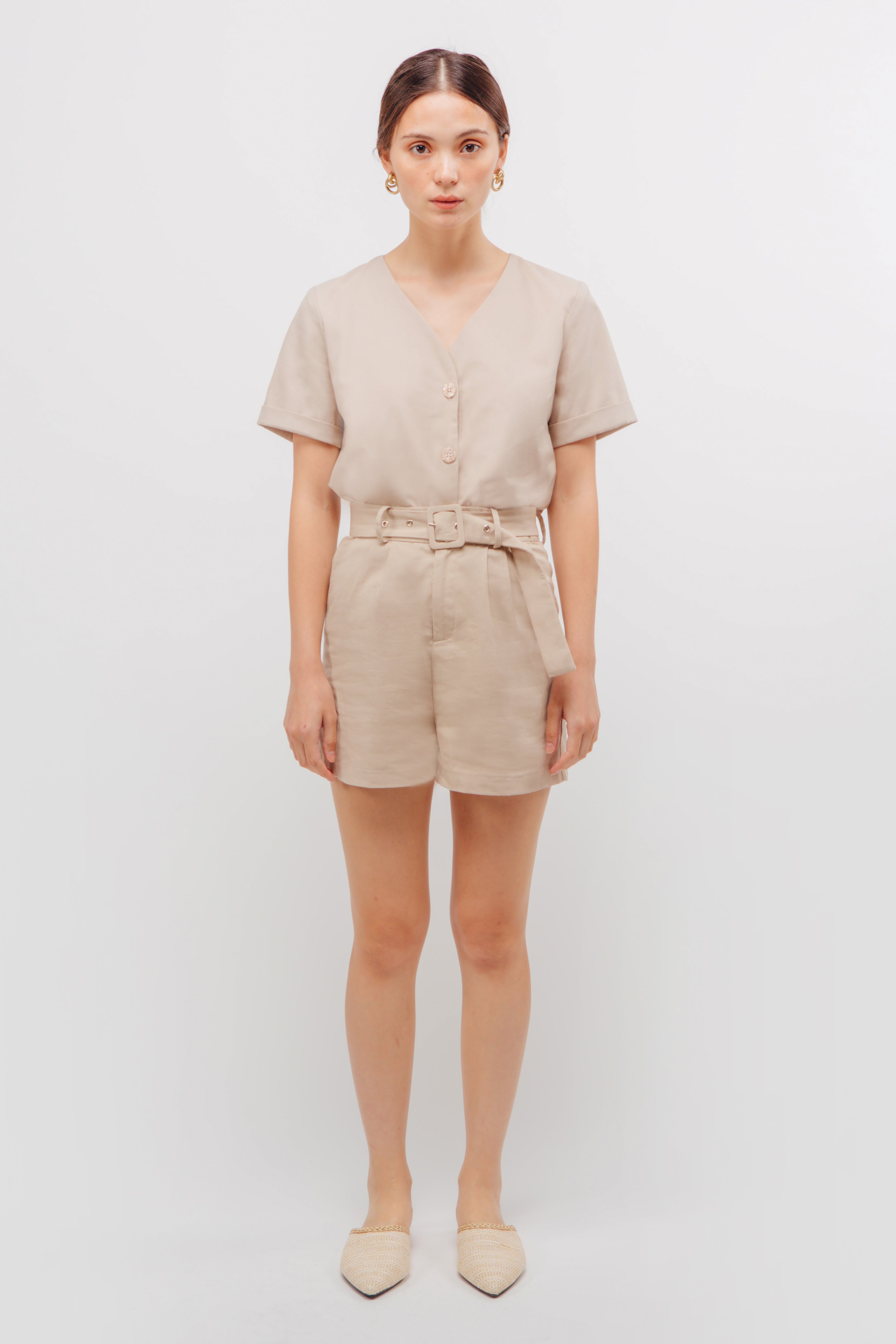 Linen Button Down Boxy Top In Natural Beige