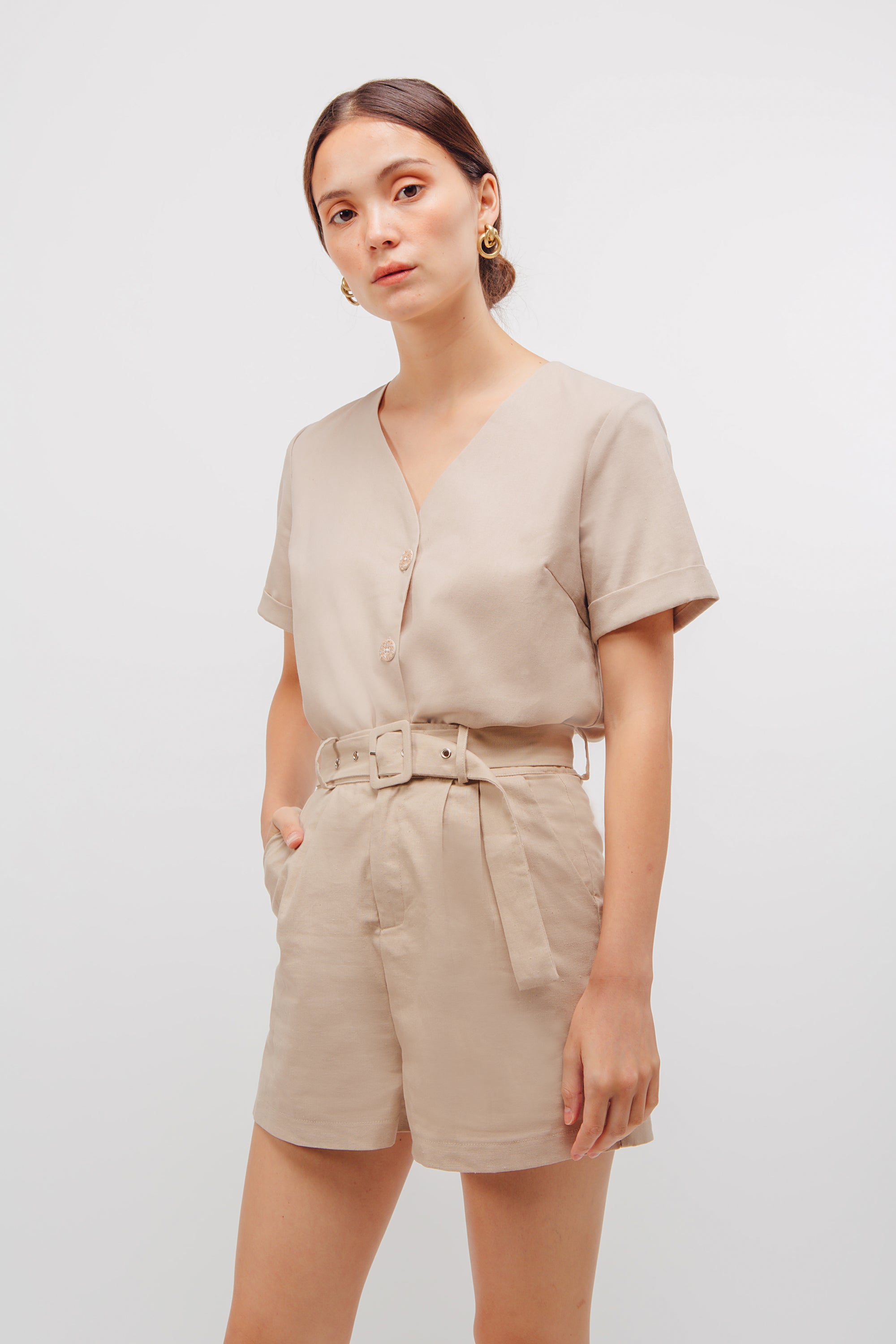 Linen Button Down Boxy Top In Natural Beige