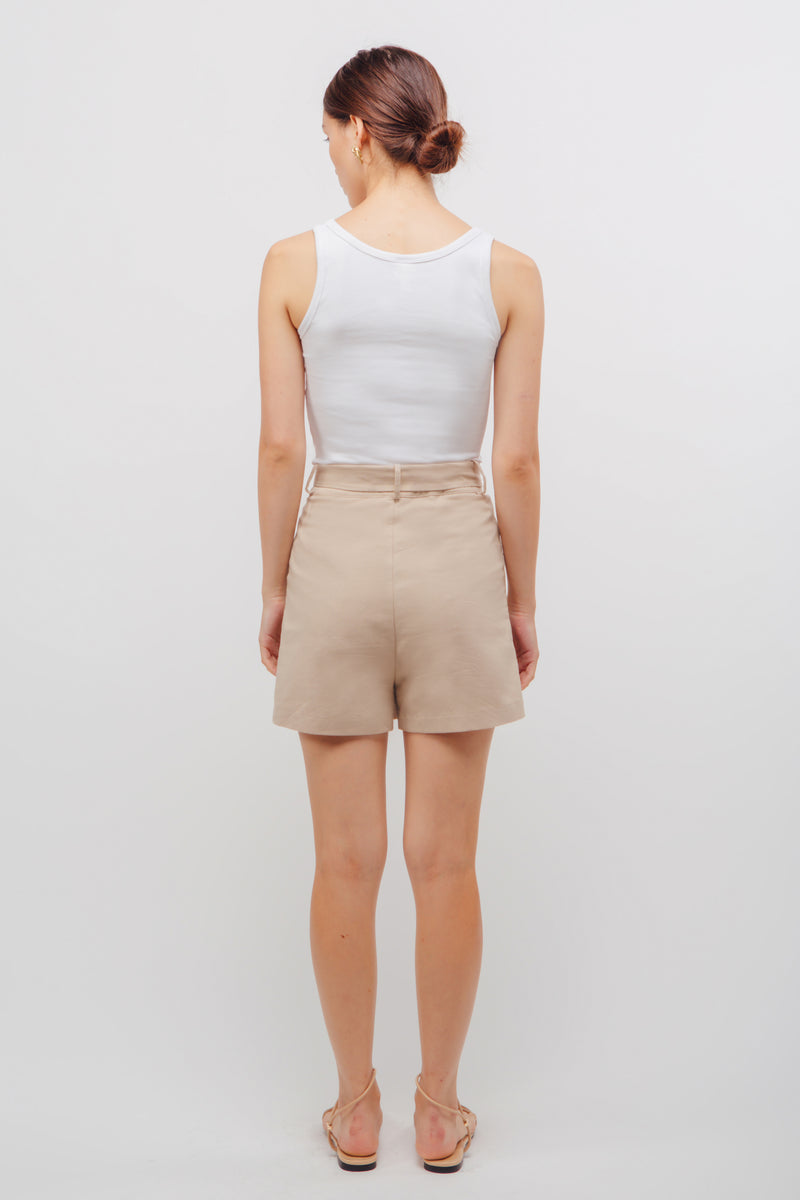 Linen Belted Shorts In Natural Beige