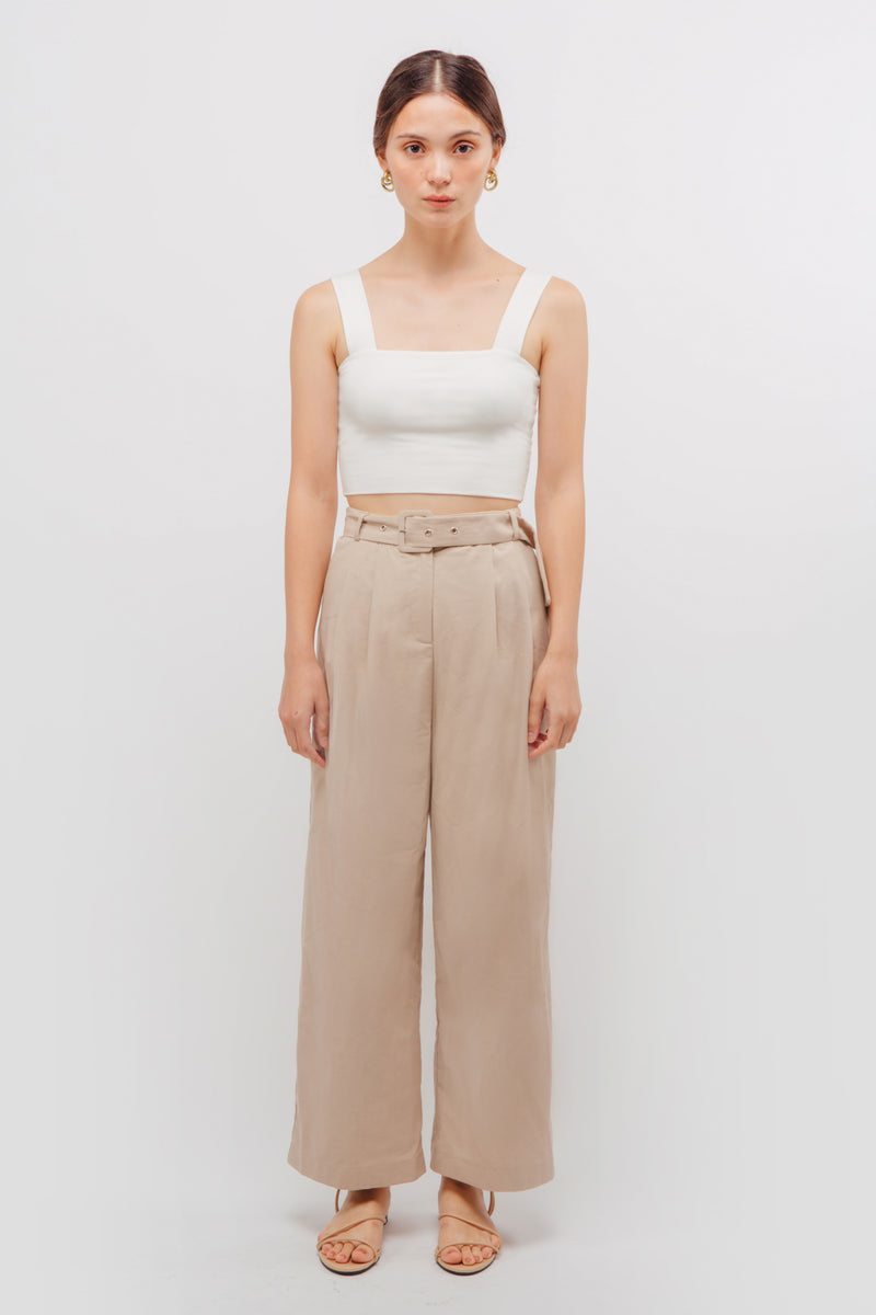 Belted Linen Wide Legged Pants In Natural Beige