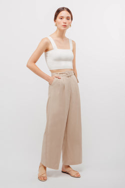 Belted Linen Wide Legged Pants In Natural Beige
